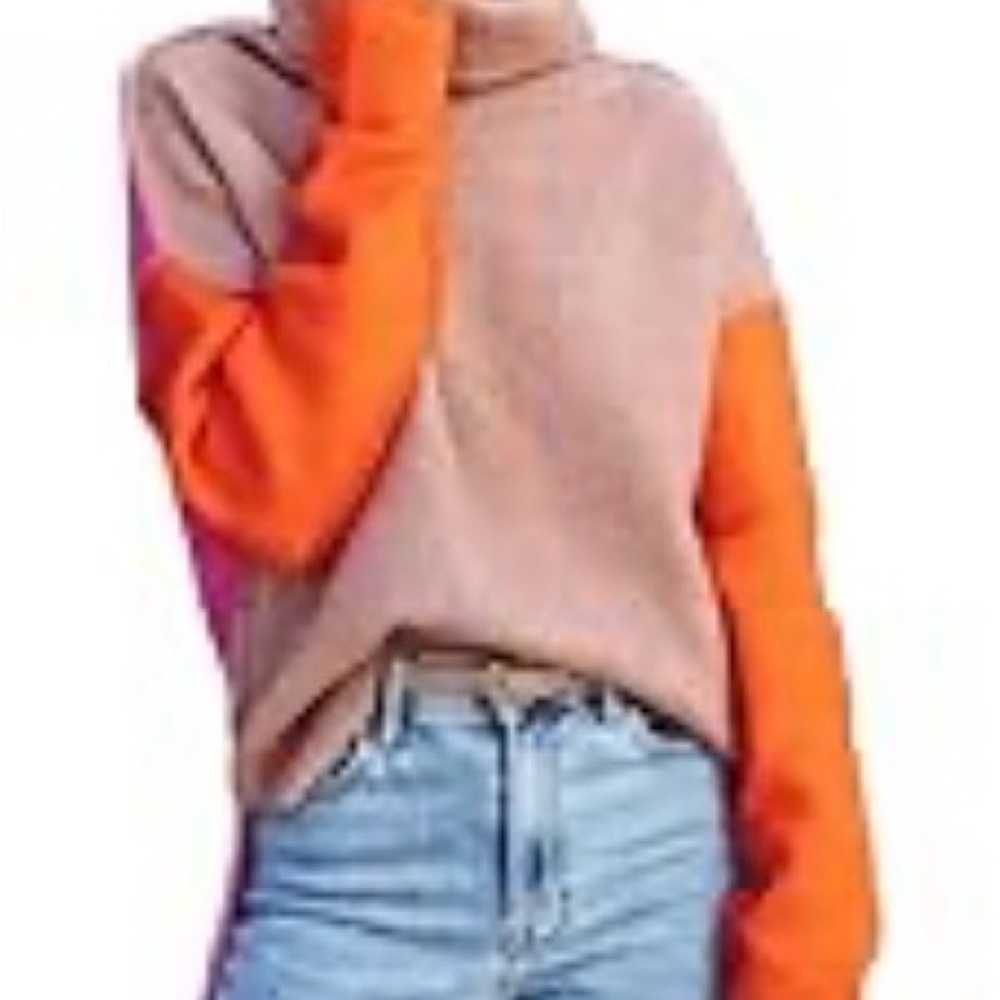Colorblock Turtleneck Sweater - Orange and Pink